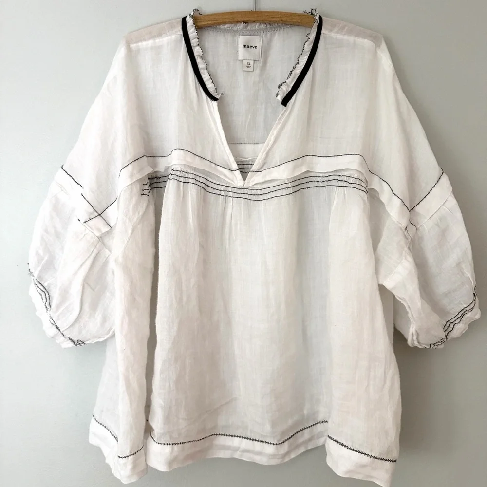 Maeve White Linen Tunic with Black Trim/Stitching XL - Picture 4 of 12